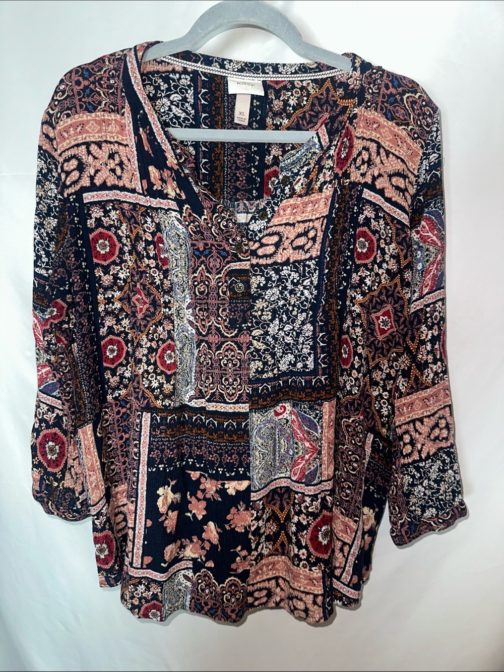 Knox Rose Patchwork V-Neck Tunic in Black, Rust, and Blush
